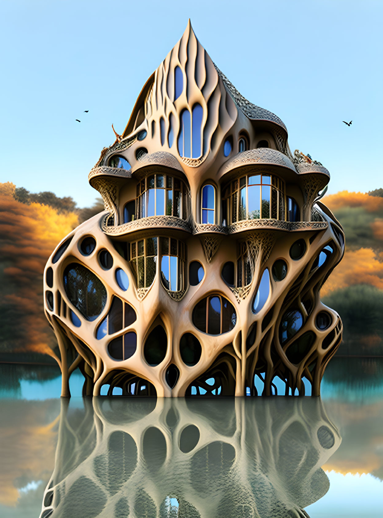 Futuristic digital building with organic design by tranquil lake at sunset