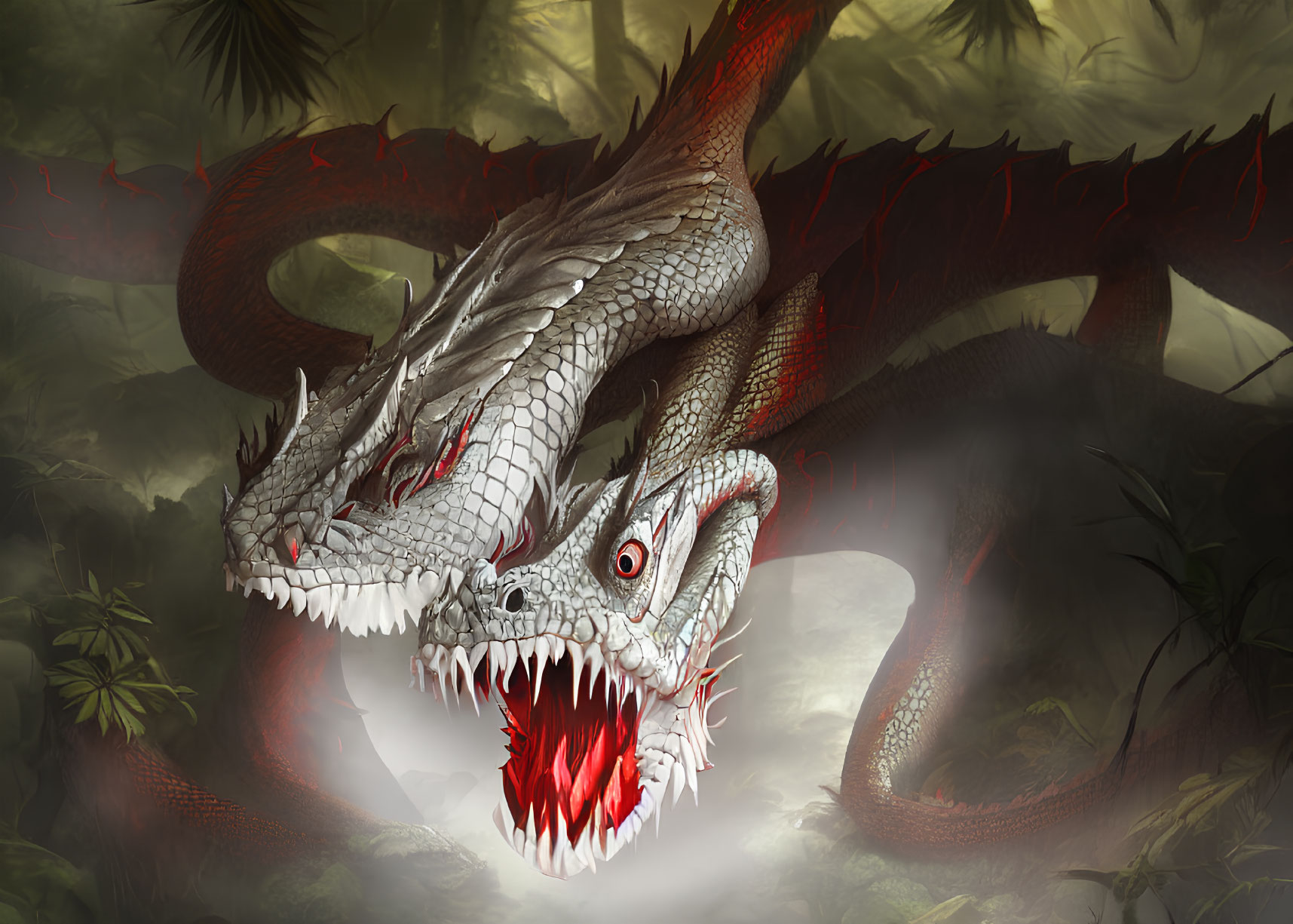 Two-Headed Dragon with Red Eyes and Spiny Frills in Misty Jungle