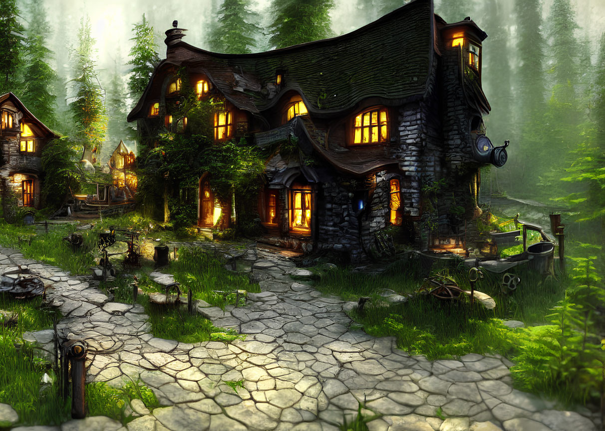 Cozy cottages in enchanted forest setting with warm lights and whimsical details
