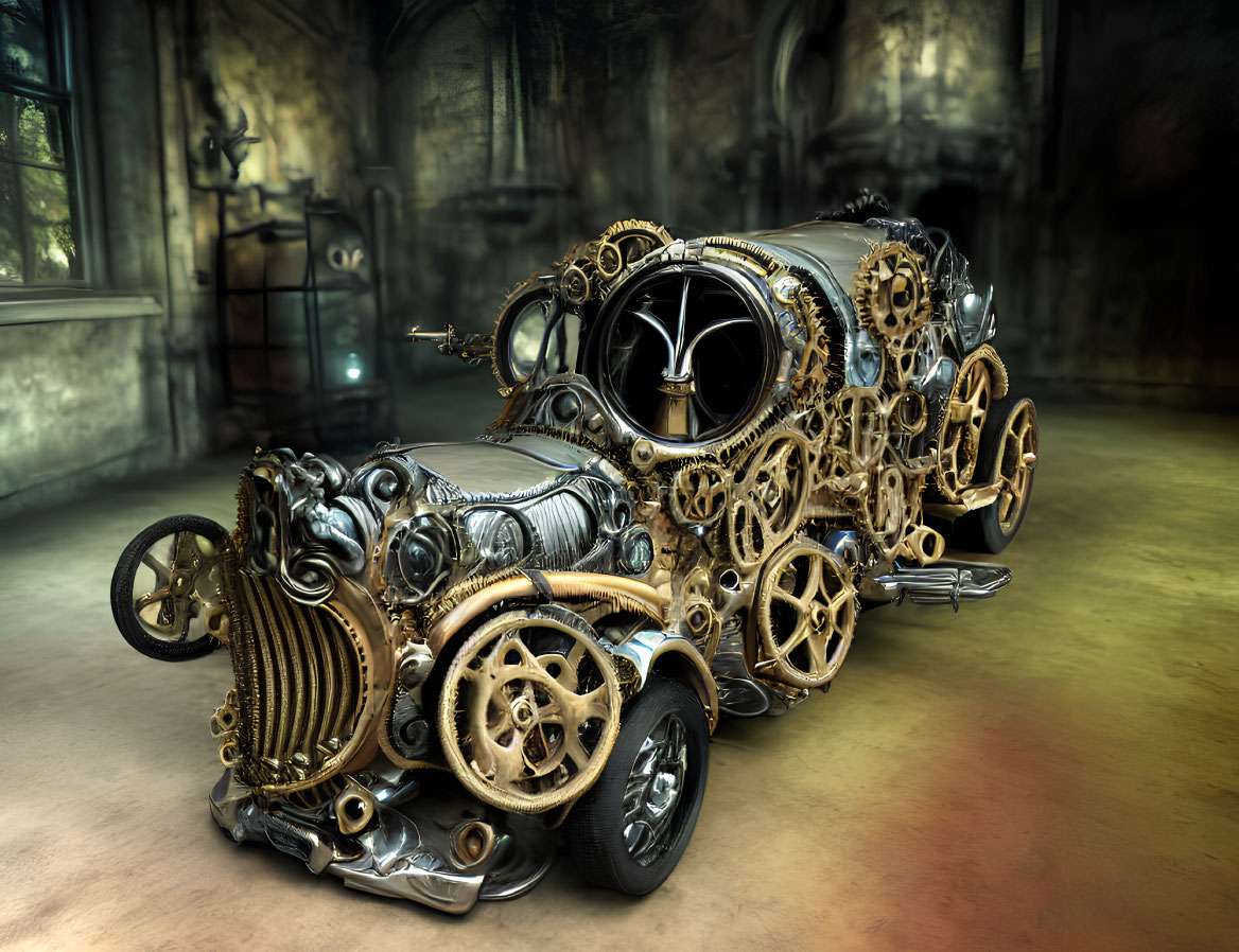 Steampunk-style car with gears and metallic details in industrial setting