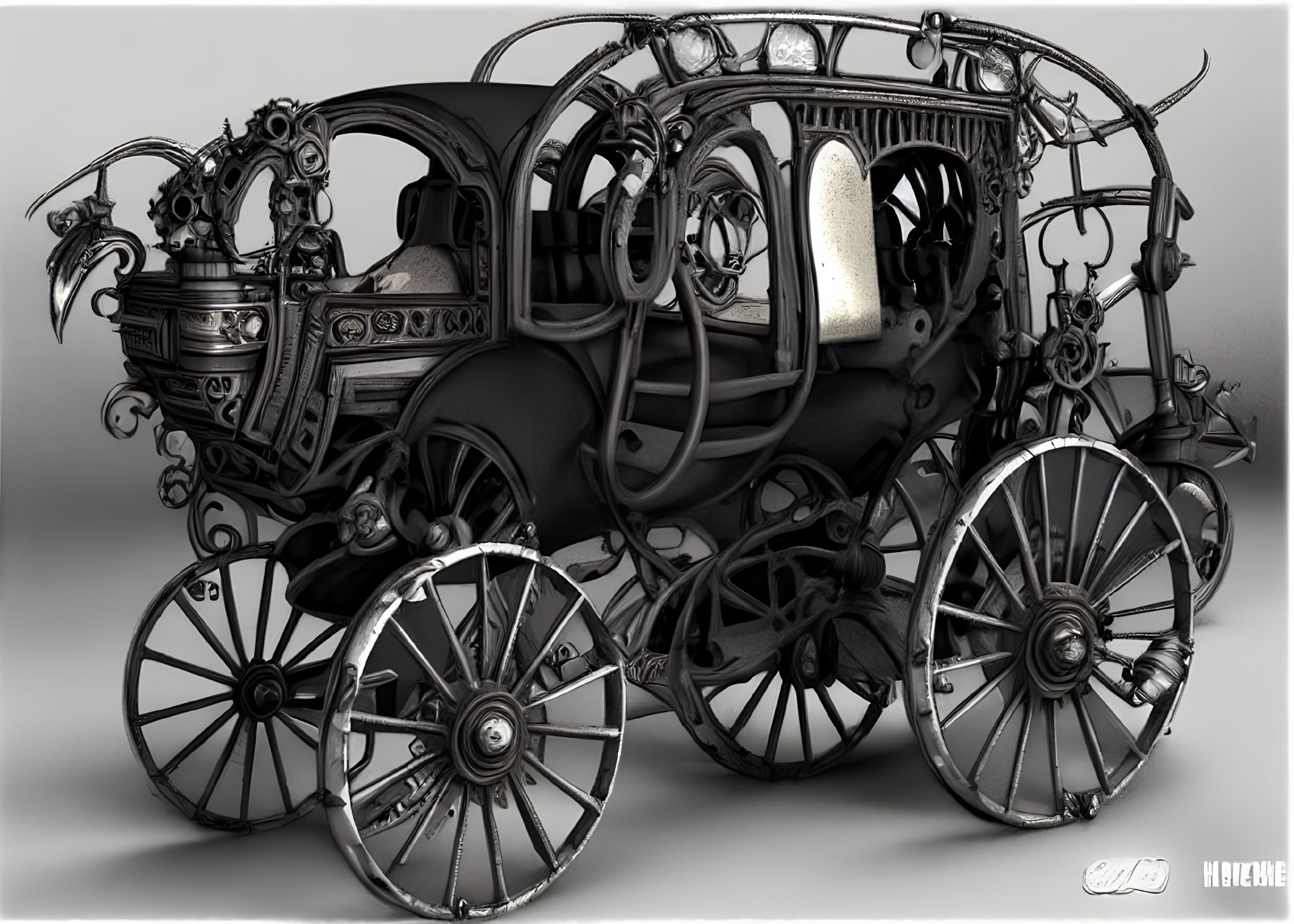 Ornate Black Carriage with Victorian & Steampunk Design