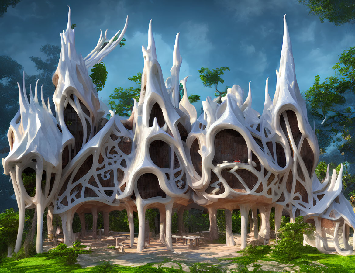 Organic bone-like treehouse in lush forest with intricate windows