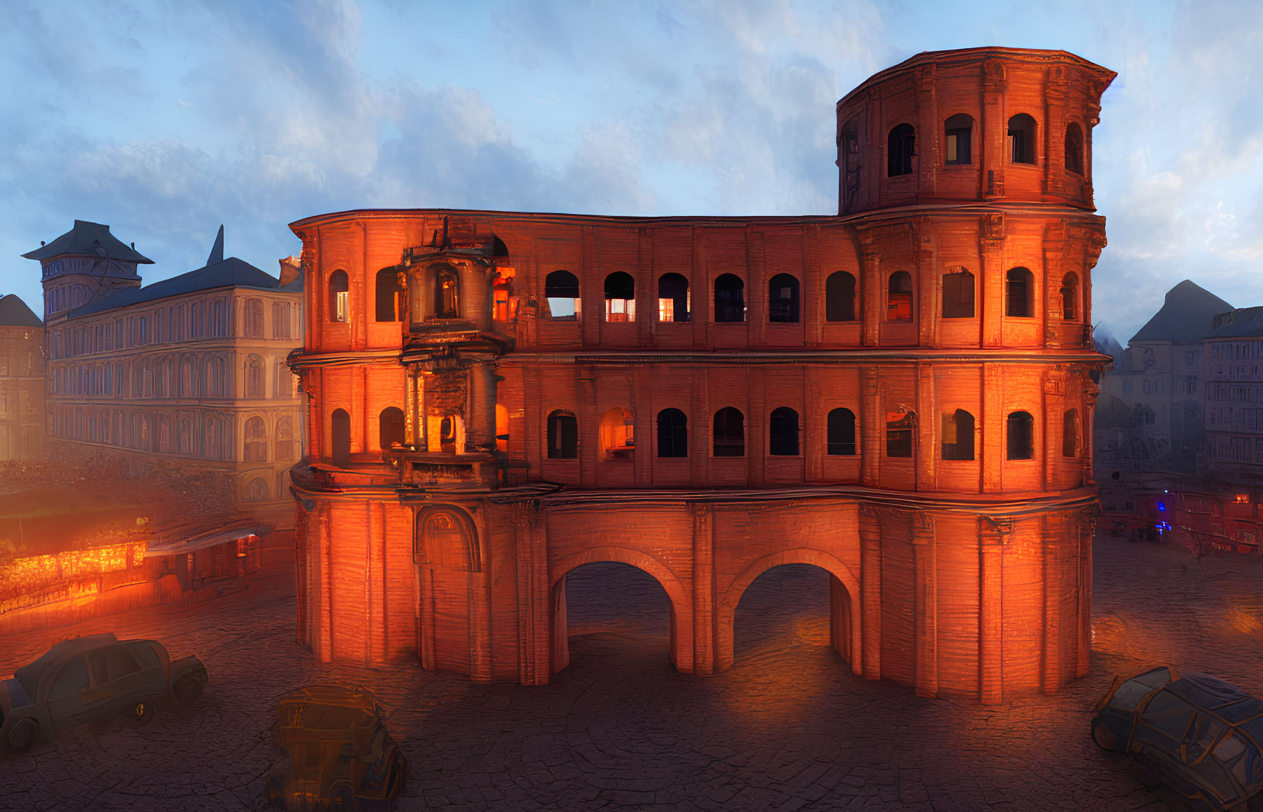Ancient Roman structure resembling Colosseum at dusk with vintage cars and classical buildings under blue sky