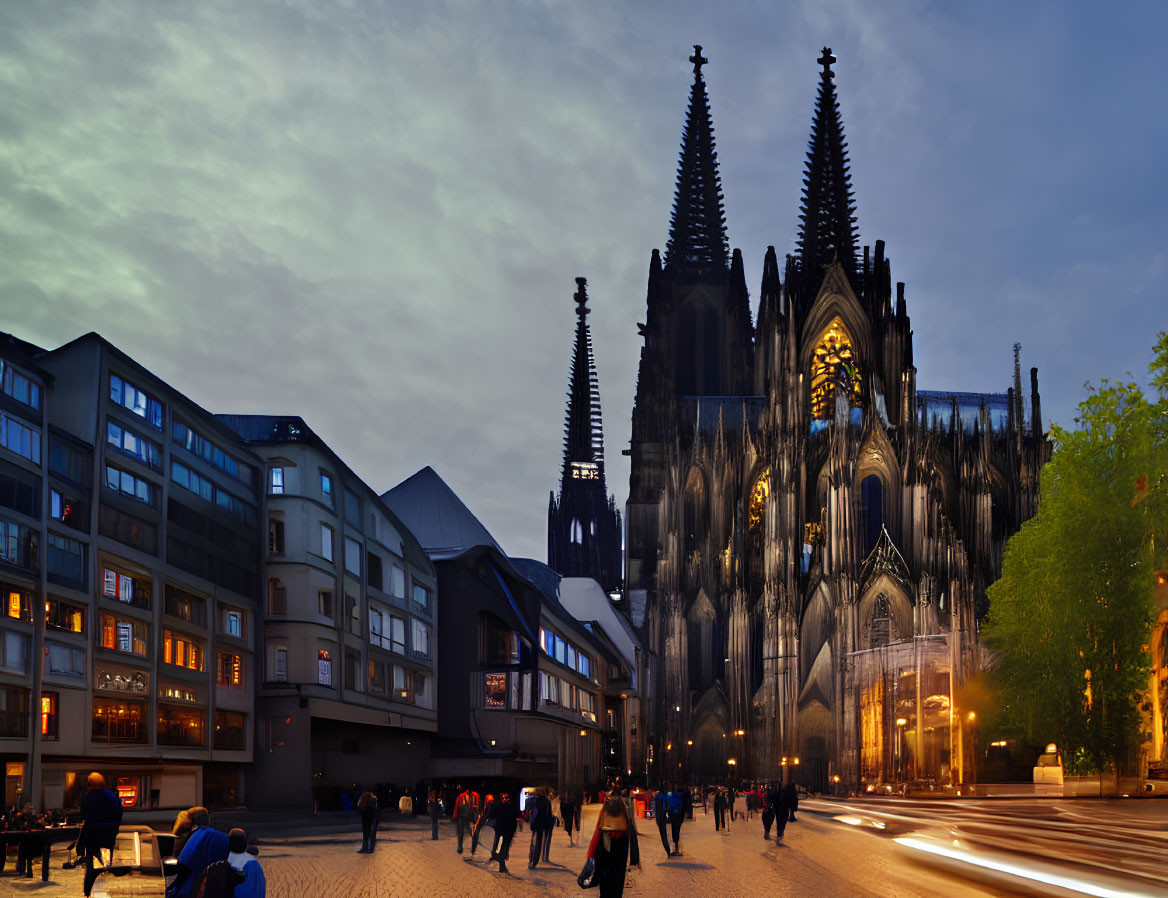 City street at twilight leading to Gothic cathedral with spires under dramatic sky