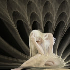 Abstract monochromatic illustration of woman with flowing hair and dress merging with swirling patterns