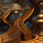 Intricate golden spiral staircases in fantastical interior