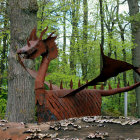 Mechanical dragon with bronze and blue scales in lush forest setting