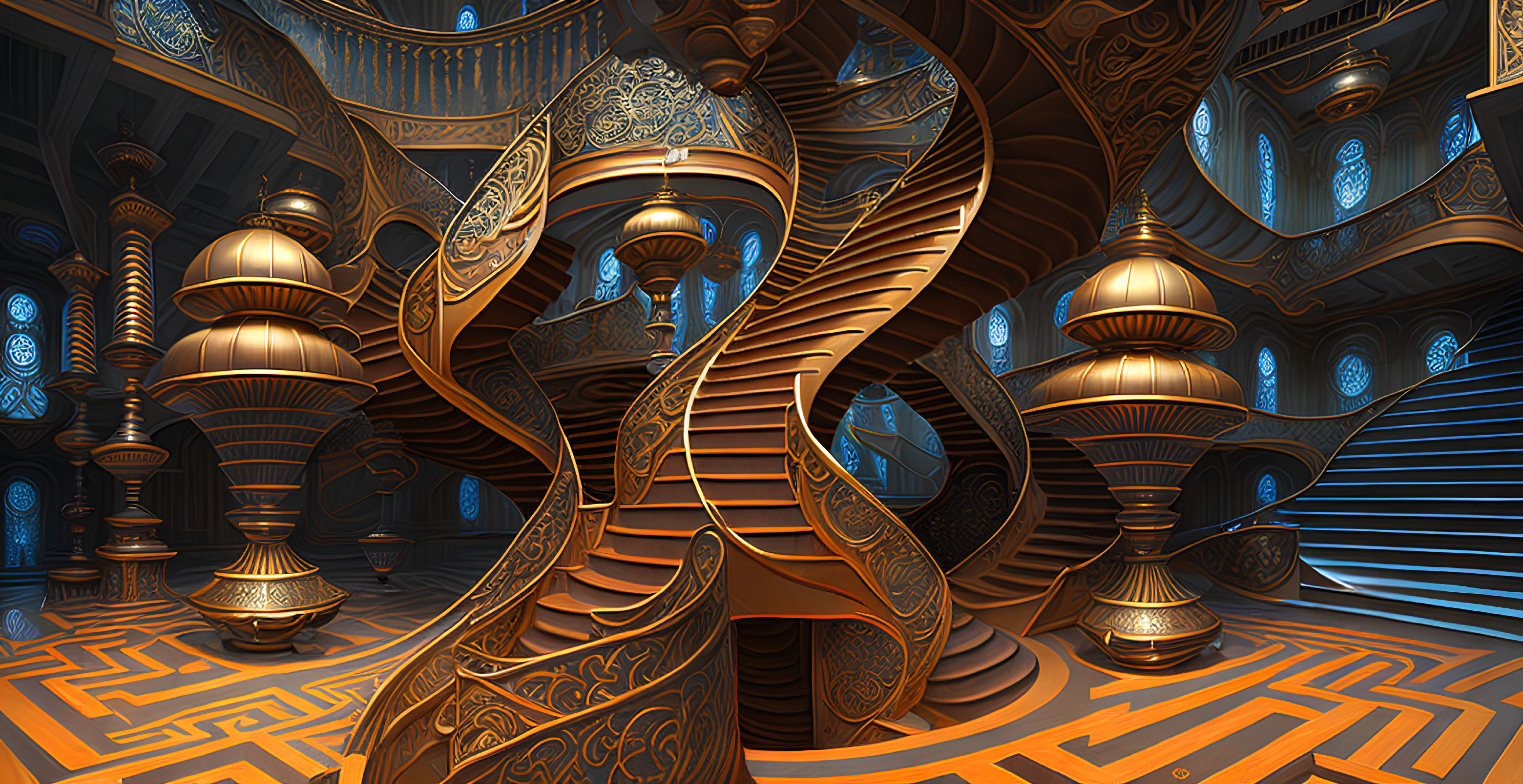 Intricate golden spiral staircases in fantastical interior