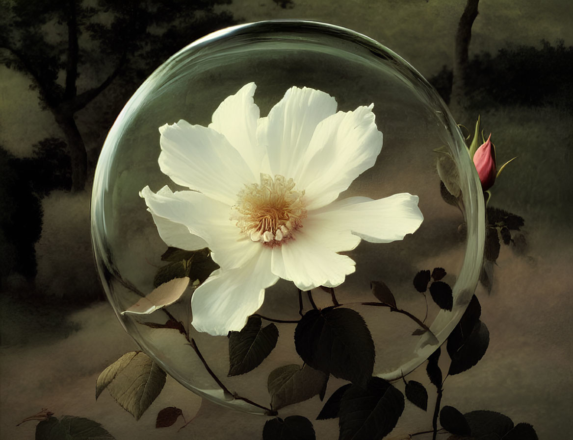 White flower in transparent bubble with rosebud and soft focus leaves.