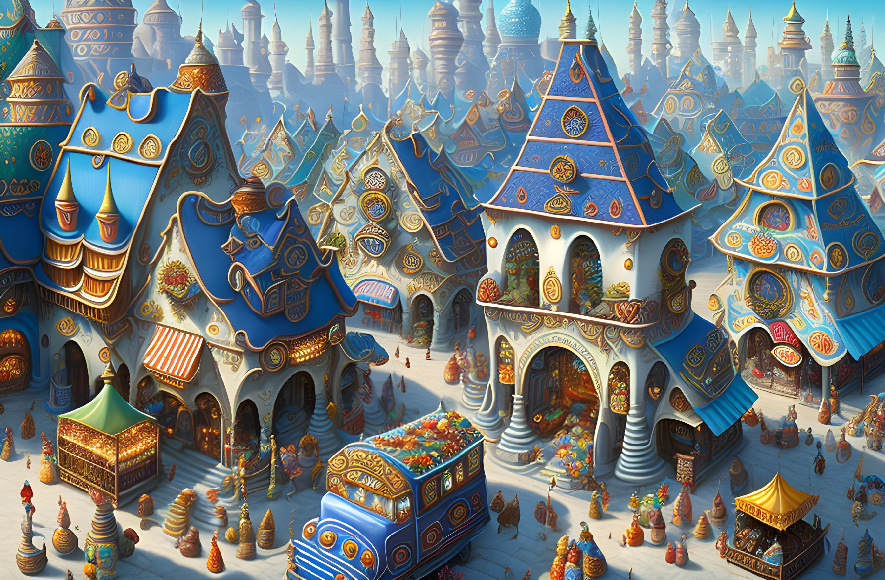 Fantasy Cityscape with Blue-Roofed Buildings and Colorful Market Stalls