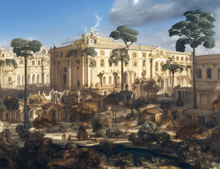Baroque architecture palace with gardens, statues, and people in period clothing