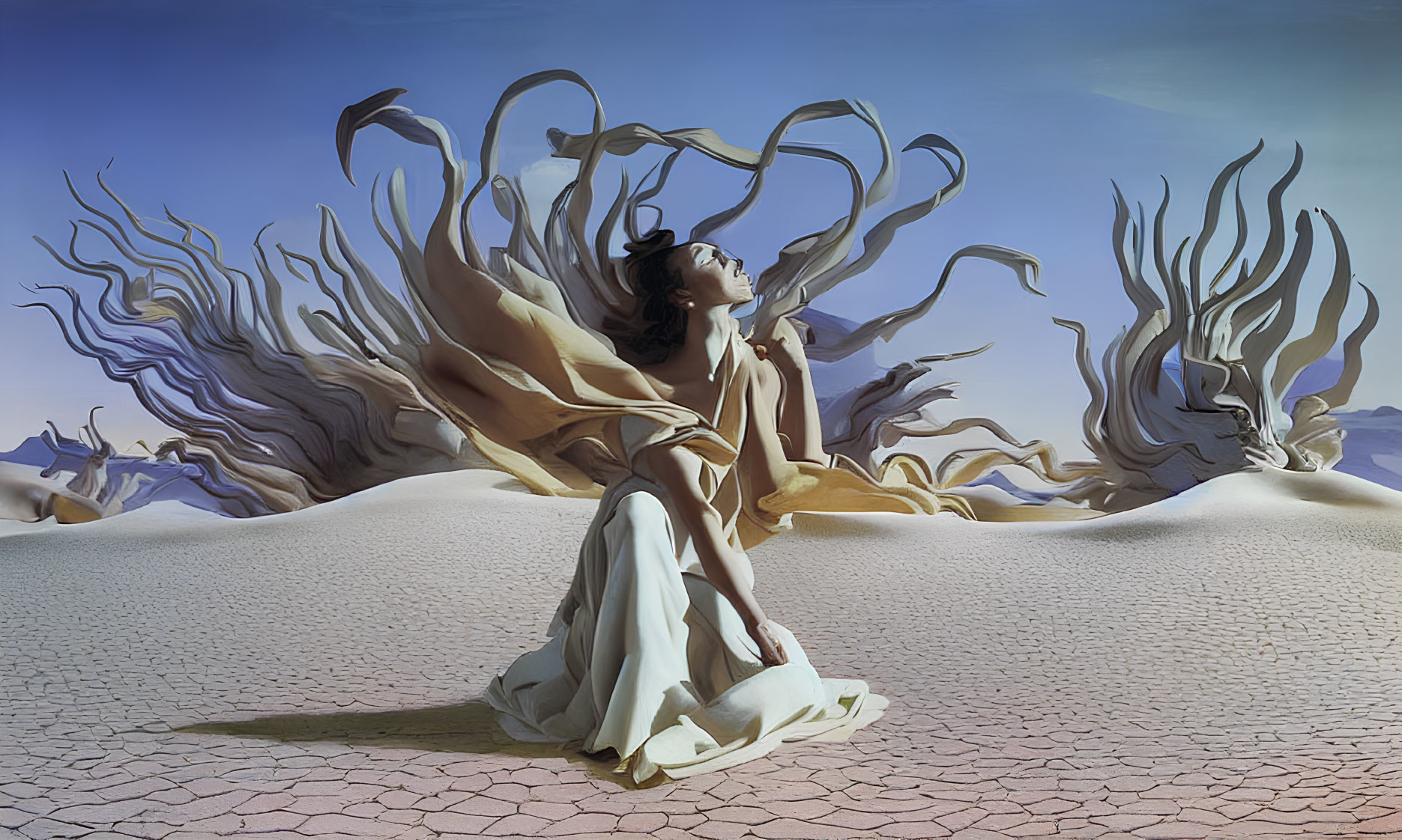 Woman in elegant dress surrounded by surreal tree-like forms on cracked desert floor