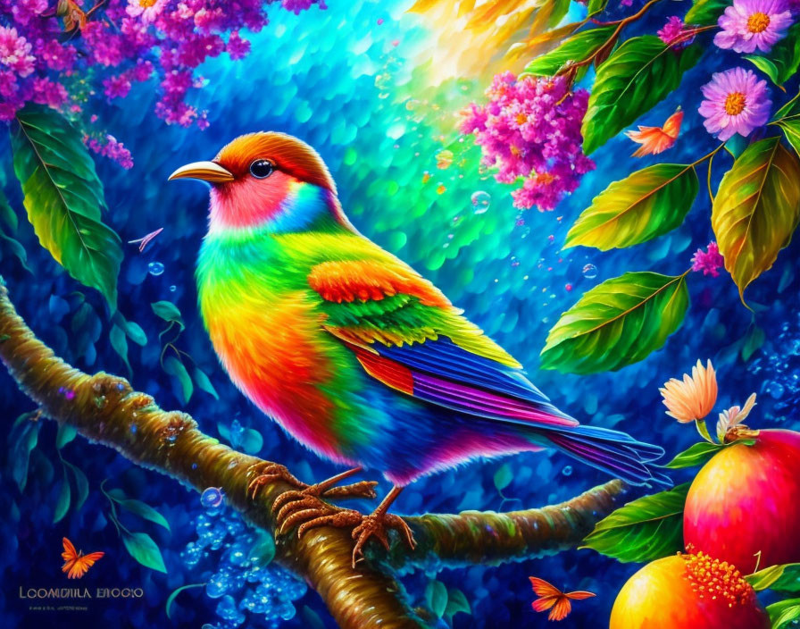 Colorful Bird Perched on Branch with Lush Foliage and Flowers