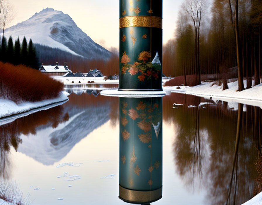 Ornate kaleidoscope over serene landscape with snow-capped mountain, lake, forest, and