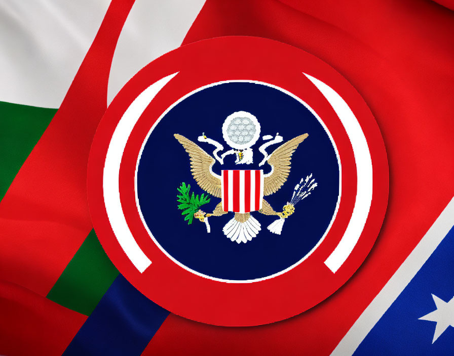 Detailed Close-Up of Great Seal on Blue Disc with Flags
