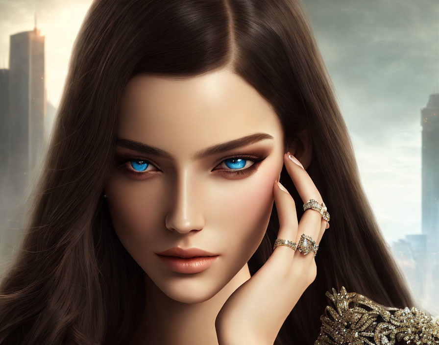 Digital artwork: Woman with blue eyes, dark hair, and jewelry against cityscape.