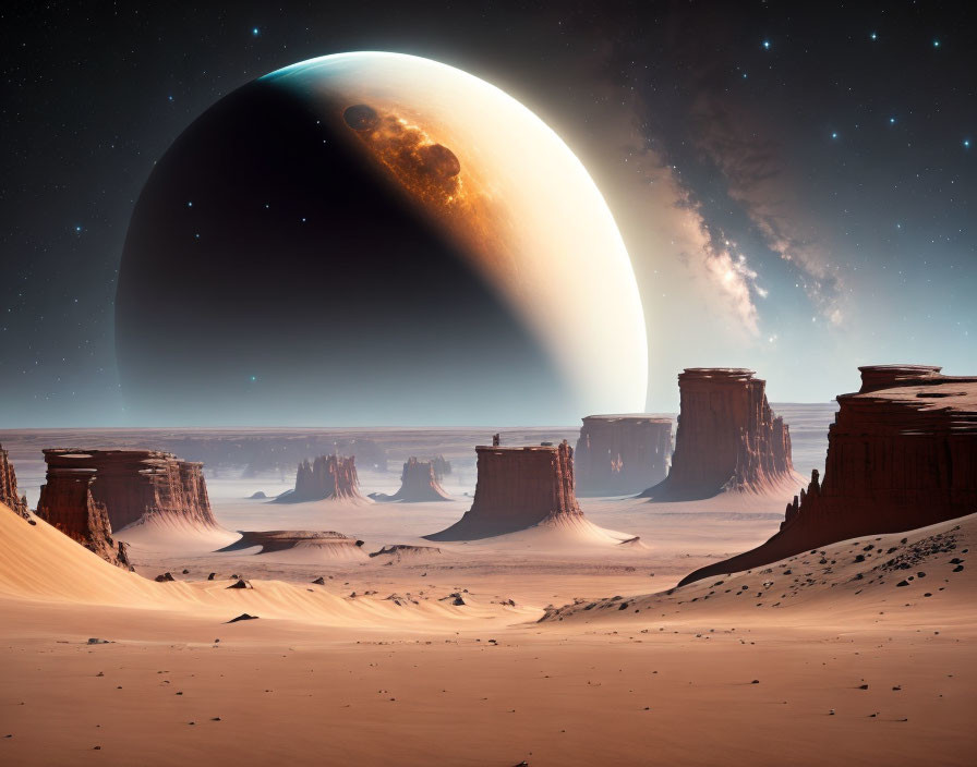 Starry desert landscape with towering rock formations and distant planet.