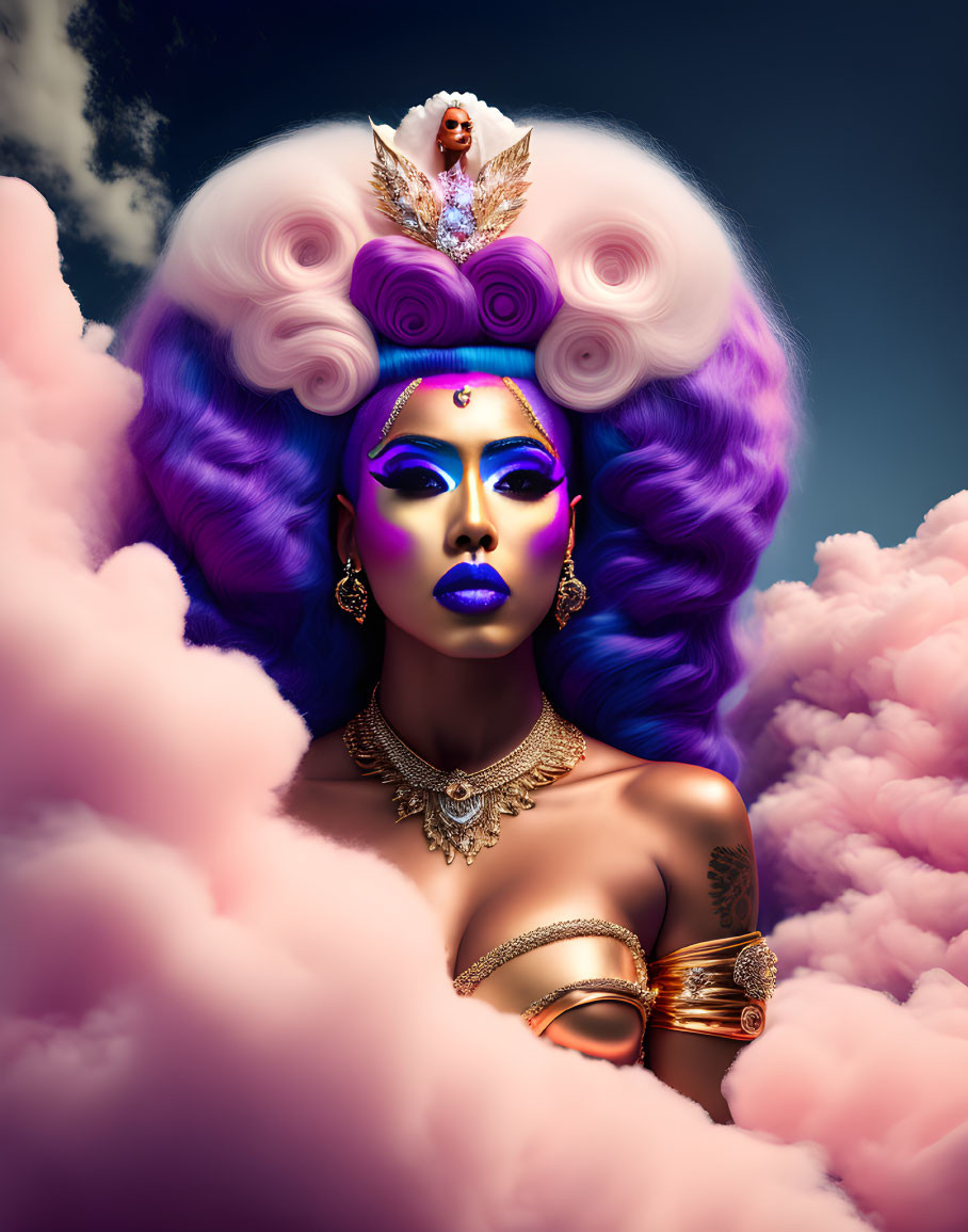 Colorful portrait of a person with purple skin and elaborate wig against pink clouds.