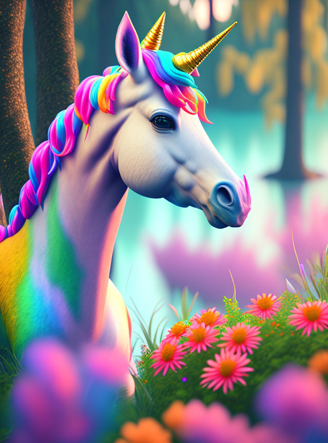 A colorful unicorn in the forest of dreams