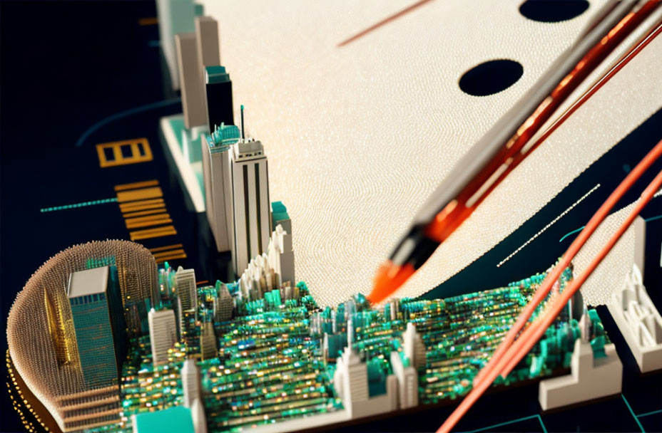 Cityscape merging with circuit board in futuristic design