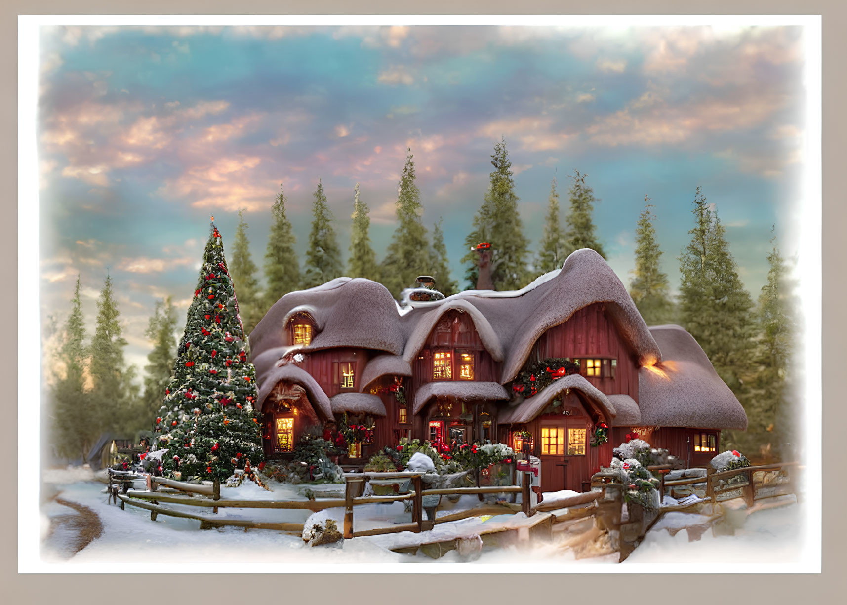 Snow-covered Christmas cottage in wintry pine forest at twilight