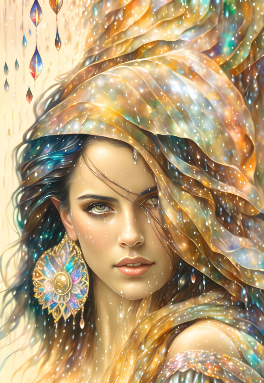 Portrait of woman with multicolored cosmic hair, gold earring, and suspended raindrops