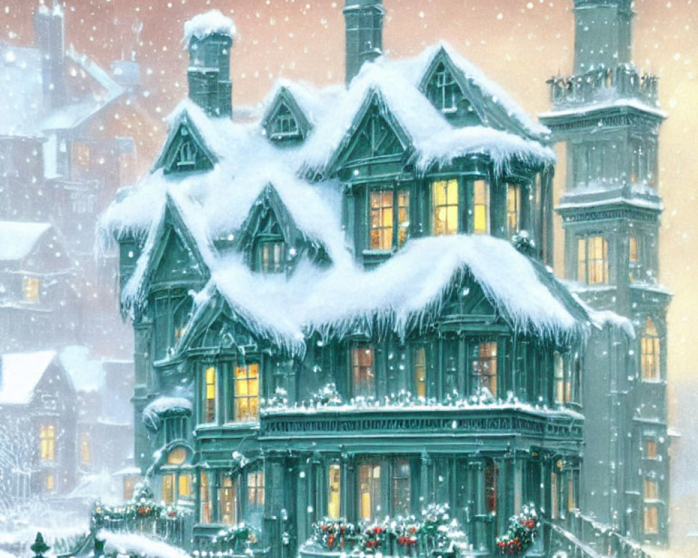 Victorian Style House with Christmas Decorations on Snowy Evening