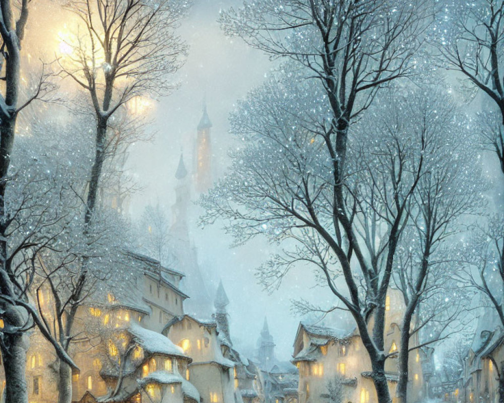 Enchanting snowy village with cobblestone houses and lit tower at twilight