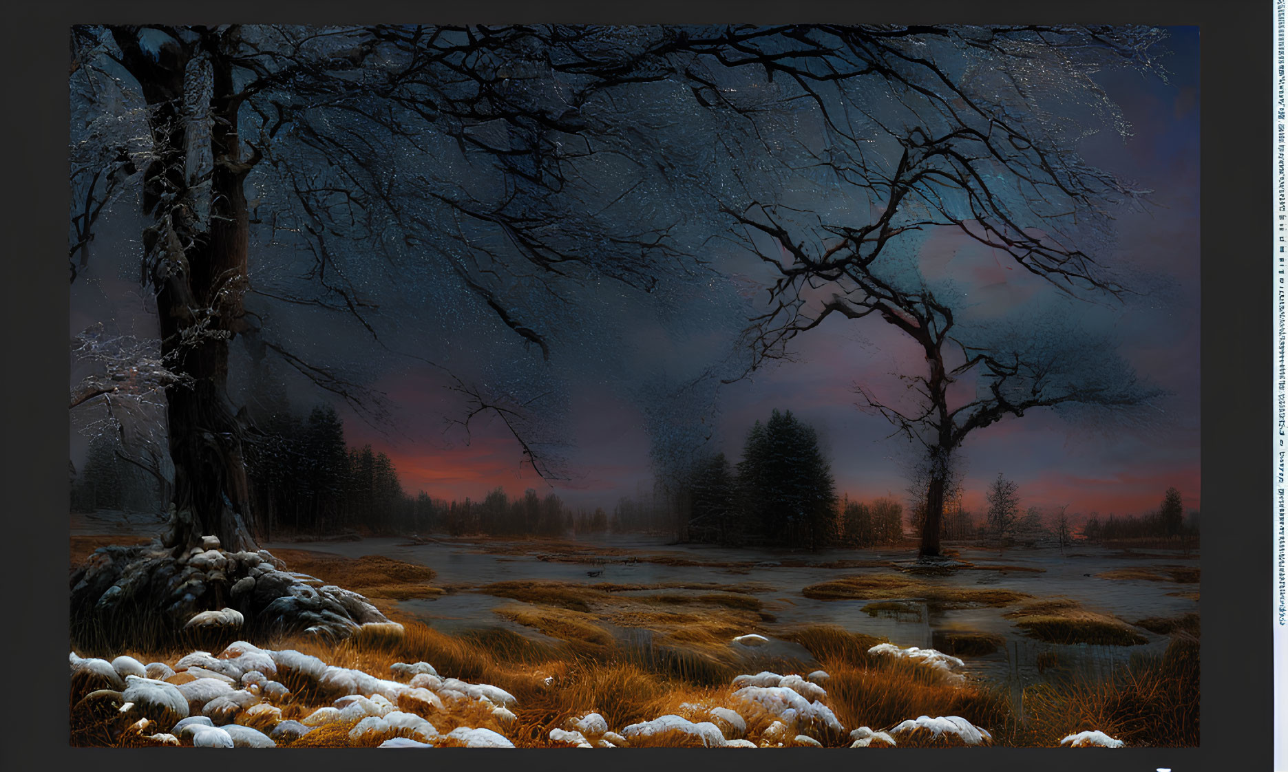 Twilight scene with silhouetted trees and snowy ground