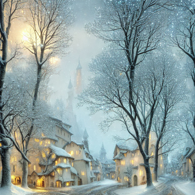 Enchanting snowy village with cobblestone houses and lit tower at twilight