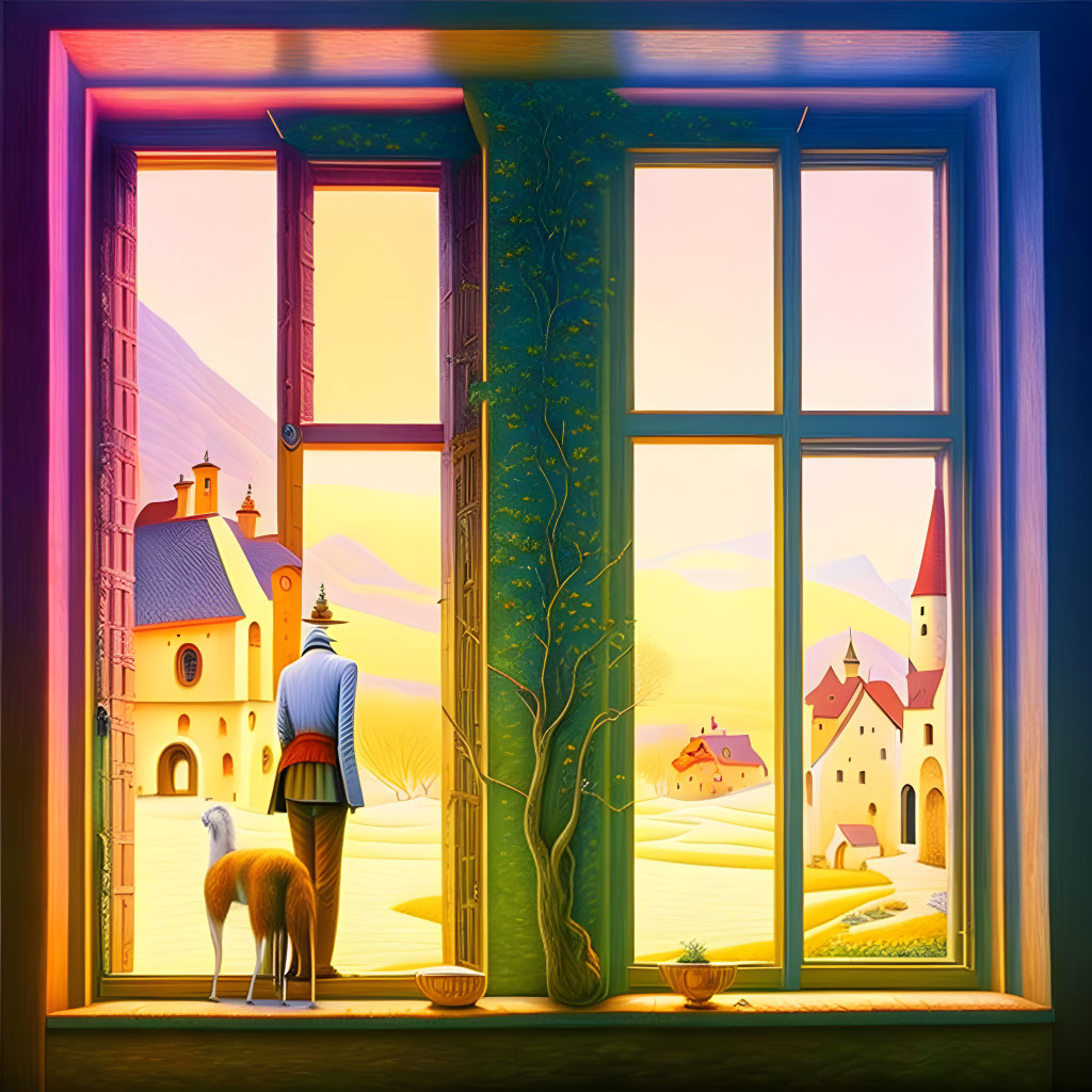 Person and sheep gaze out vibrant double window at whimsical landscape