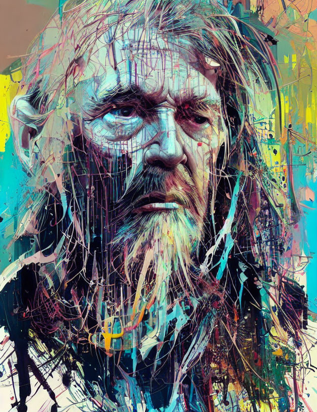 Vibrant abstract portrait of a bearded man with chaotic strokes and colors