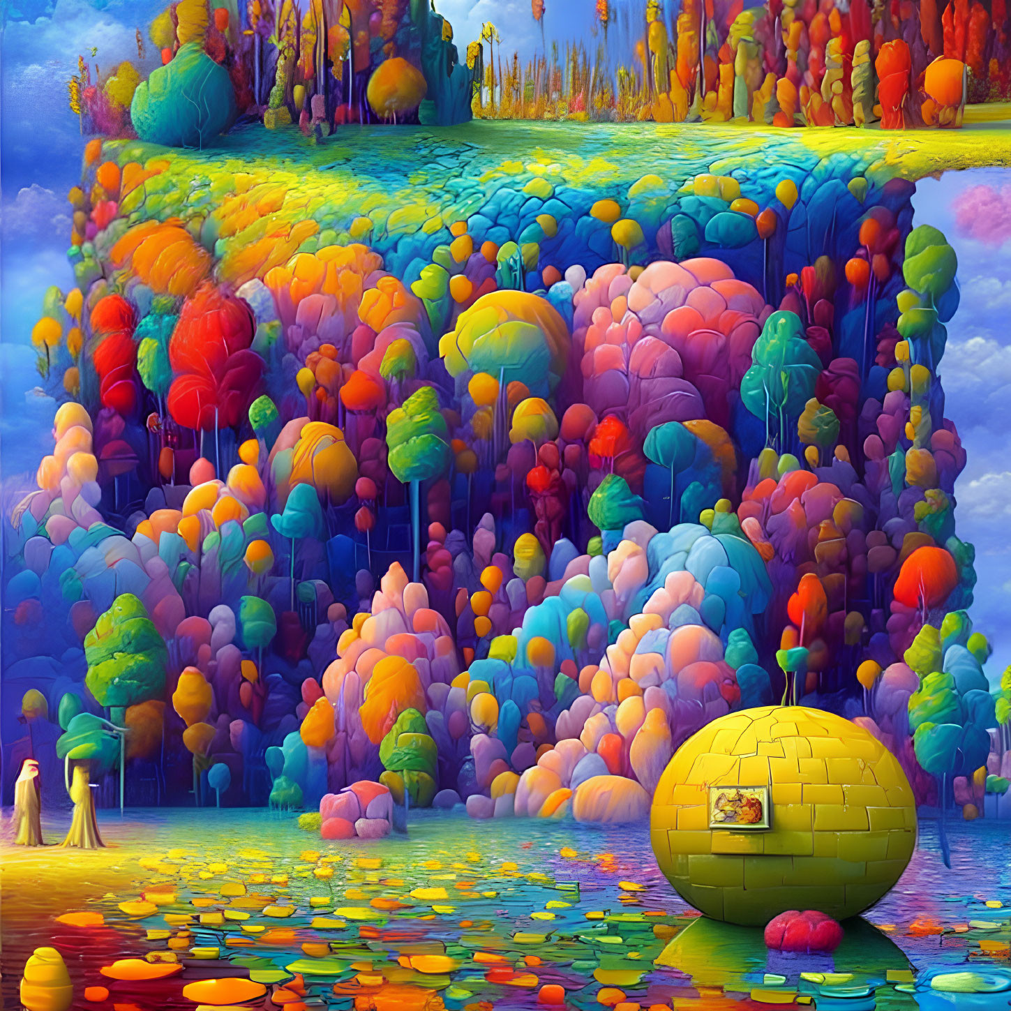 Colorful surreal landscape with balloon-like trees, yellow structure, and ethereal figures