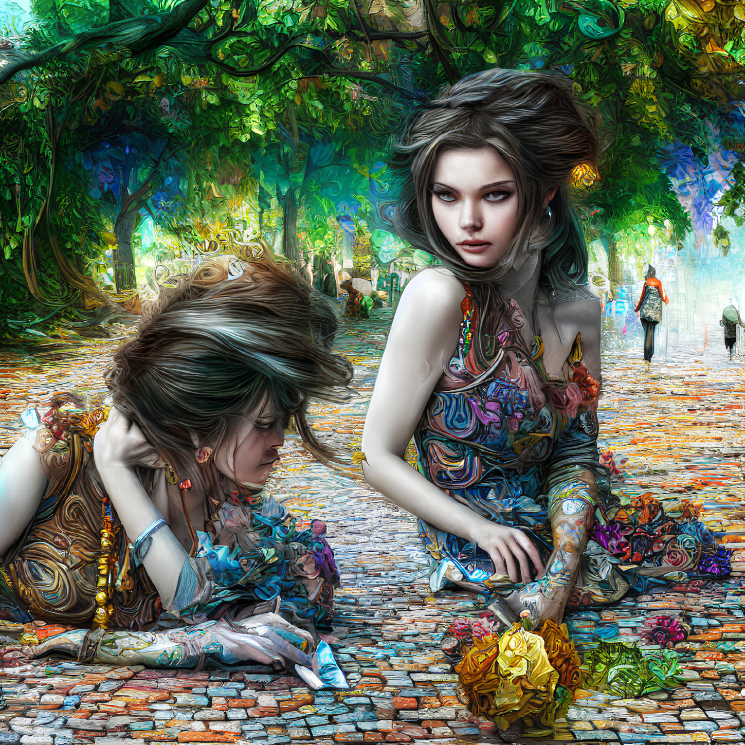 Two intricately tattooed women in vibrant attire amidst colorful flowers and butterflies on a cobblestone path