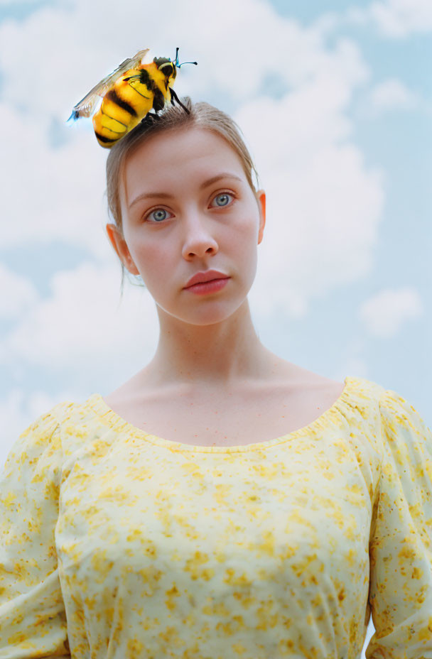 Blue-eyed woman surprised with bumblebee on head in yellow floral dress