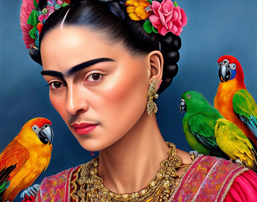 Woman with Floral Hair Accessory and Colorful Parrots in Traditional Attire