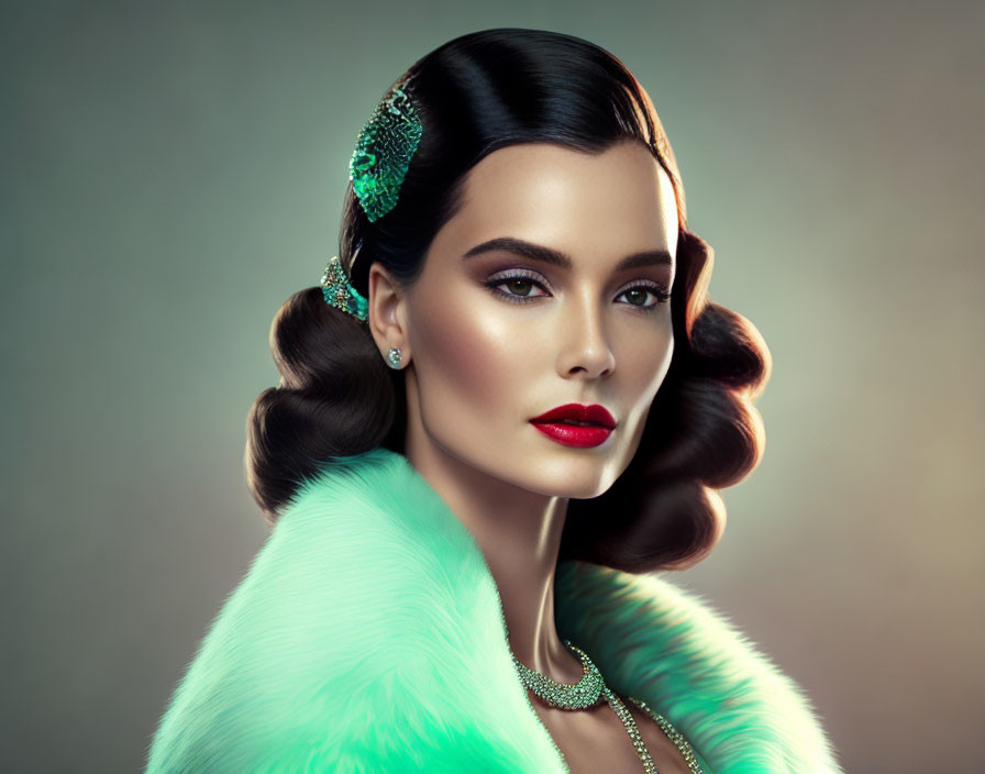 Vintage Hairstyle and Elegant Pose with Red Lipstick and Fur Stole