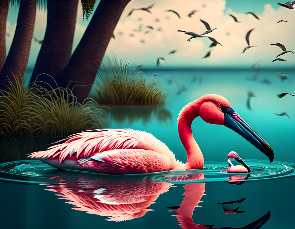 Swimming Flamingo Bird