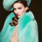 Styled woman in turquoise fur hat and coat against dark background