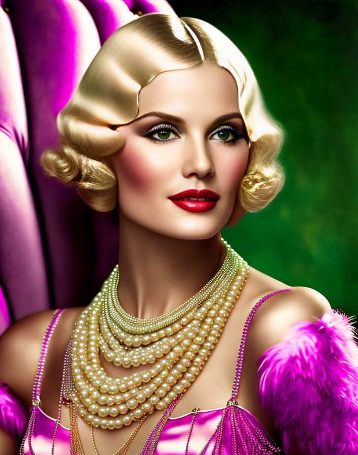 Vintage-inspired portrait of woman with finger waves, bold makeup, pearl necklaces, and hot pink feather