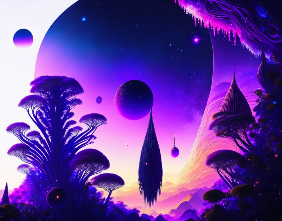 Alien landscape digital art with exotic plants and purple sky