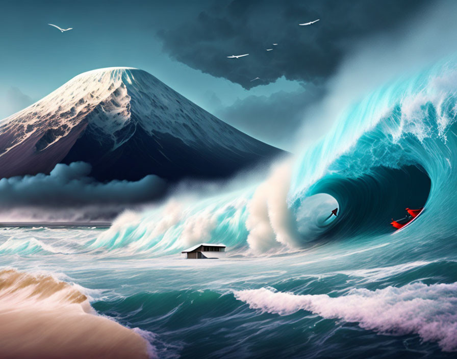 Digital artwork: Surfer in massive wave with floating house, snowy mountain, dramatic sky.