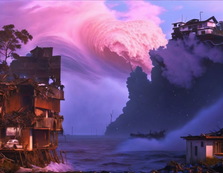 Digital art scene: Pink cloud over stormy sea with dilapidated buildings.