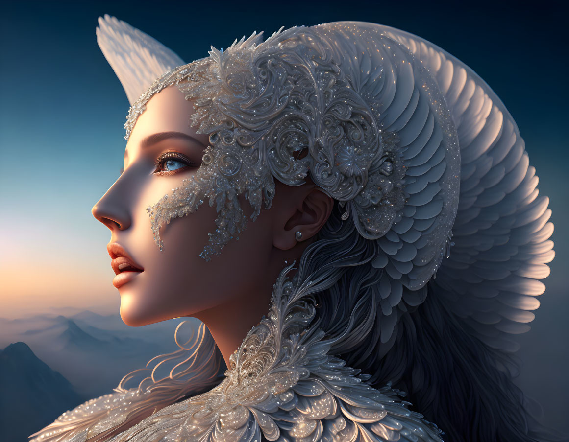Ethereal woman with feather-like headgear in softly lit sky