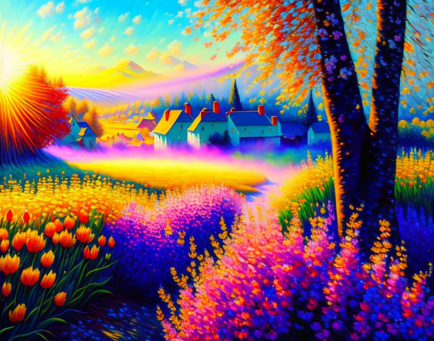 Colorful Sunrise Landscape Over Quaint Village with Tulips and Purple Flowers