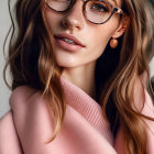 Portrait of woman with wavy hair, pink sweater, round glasses, gentle smile, and freck