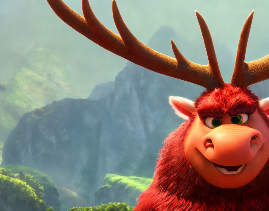 Red-furred creature with antlers in animated mountain scenery