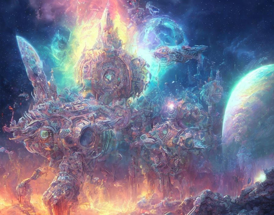 Colorful sci-fi scene: intricate alien mothership, spacecraft, nebulae.