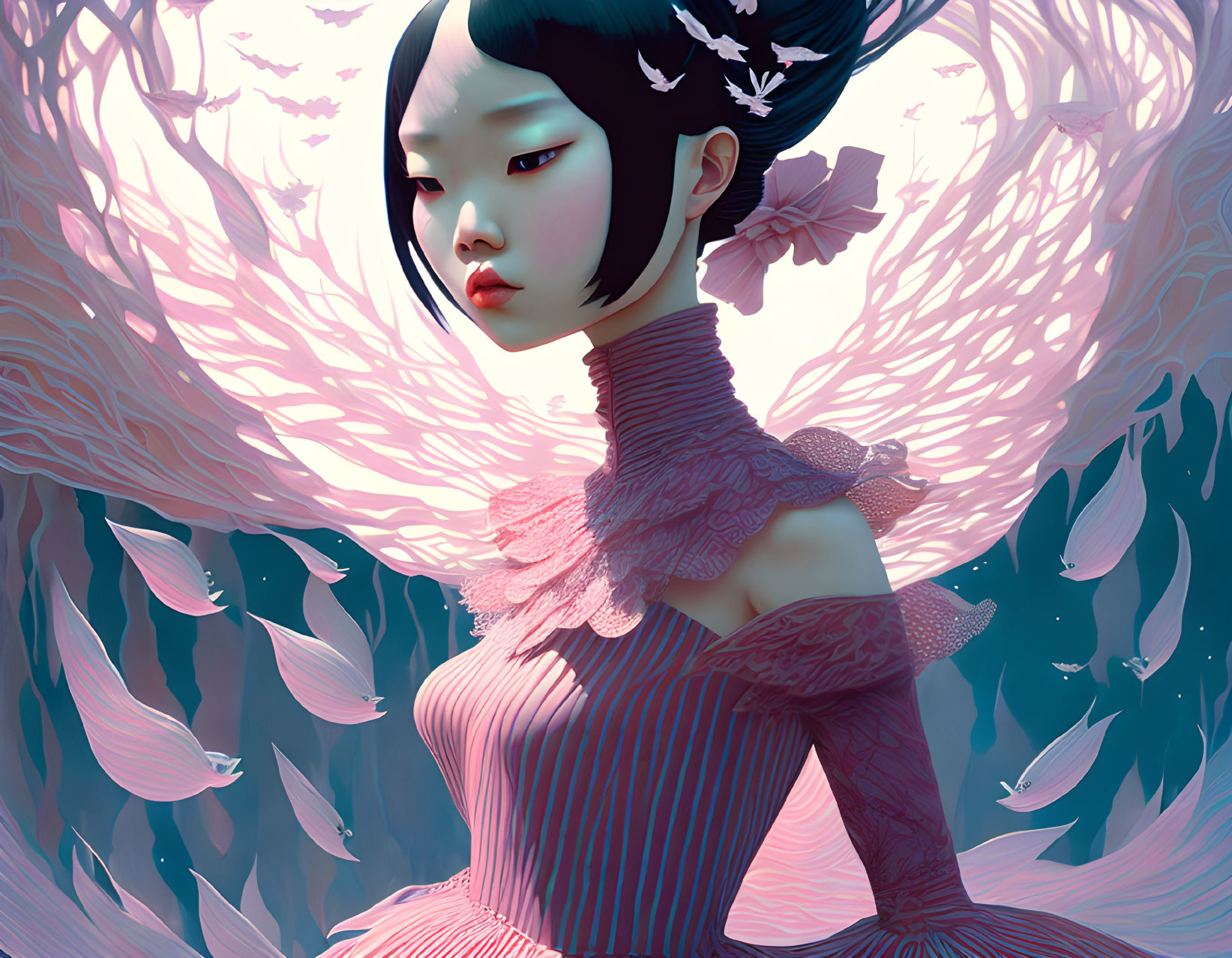Digital artwork featuring elegant woman in high-collared dress in mystical forest with pink blossoms and floating