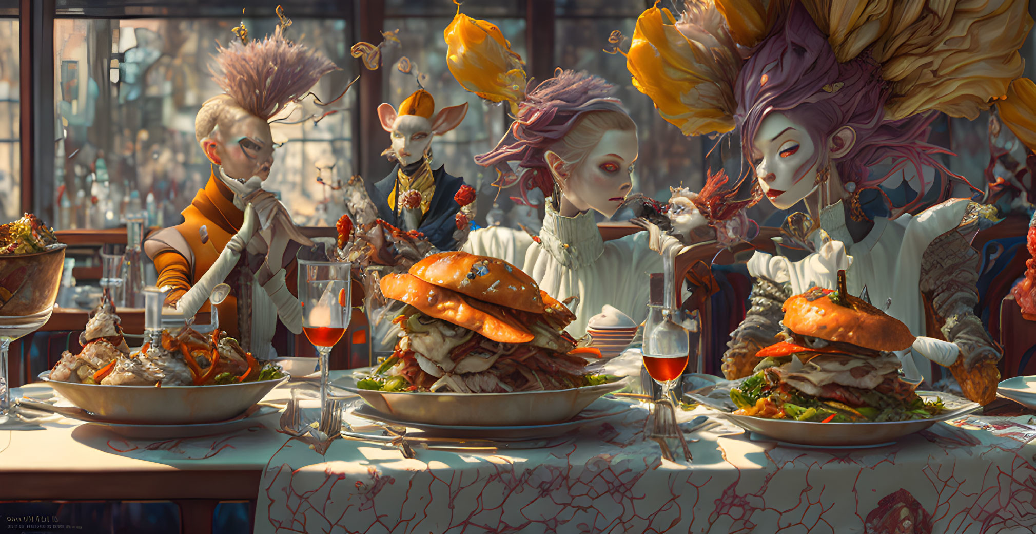 Opulent banquet scene with stylized characters in lavish attire
